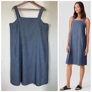 EILEEN FISHER XL Airy Organic Cotton Twill Square Neck Dress in Denim Chambray